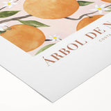 Art deco poster featuring assorted fruits in bold reds and oranges on a rolled canvas, suitable for dining room decor.