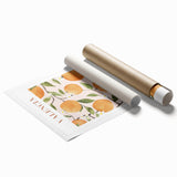 Extra large rolled print featuring an assortment of vibrant, colored fruits on a white background.