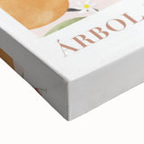 Large art featuring a close-up landscape painting of fruits on stretched canvas in black and white tones.