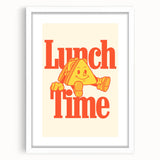 Abstract art print featuring multicolored geometric patterns on a white framed poster, suitable for dining room decor.