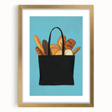 Extra large abstract art print of pastries in muted gold and brown tones, framed with a gold mat.