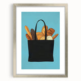 Textured art print of abstract pastries in muted earth tones on a silver-framed mat, ideal for bedroom wall decor.