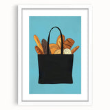 Abstract art print of assorted pastries in muted pastel tones, framed with a white mat, ideal for dining room decor.