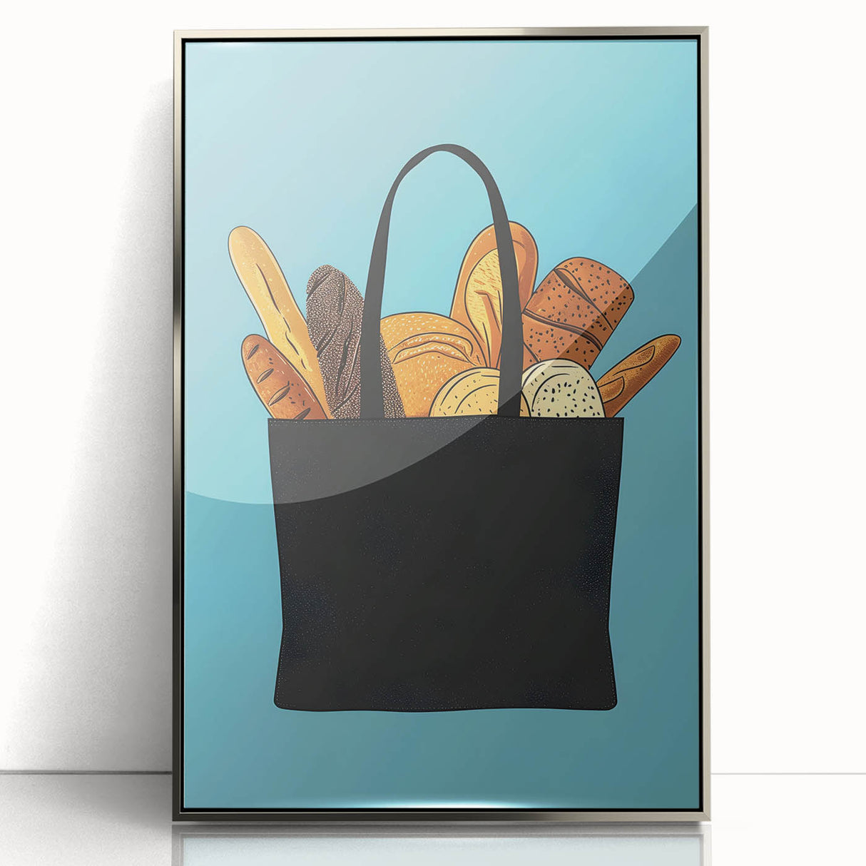 Mid-century modernist art featuring assorted pastries in muted colors, framed acrylic print, ideal for nursery wall art.