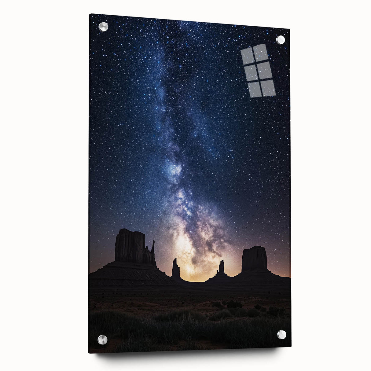 Desert landscape acrylic artwork displayed in a glass frame, showcasing vibrant colors and intricate details, perfect for modern home decor. This side view highlights the artwork's elegant pins and framing, enhancing its visual appeal.