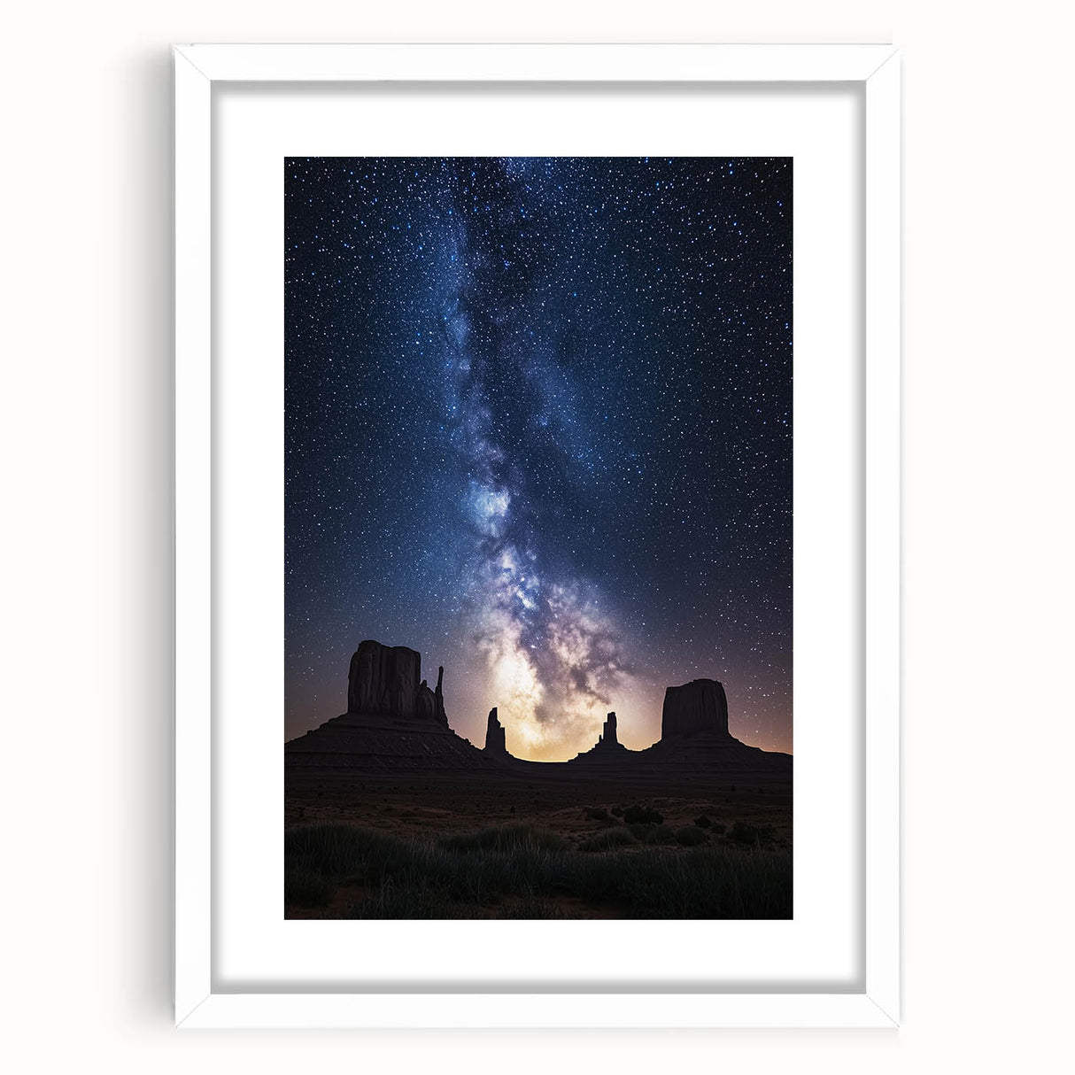 Desert landscape framed art print showcasing warm hues of orange and yellow, with a white mat and sleek frame, ideal for modern home decor.