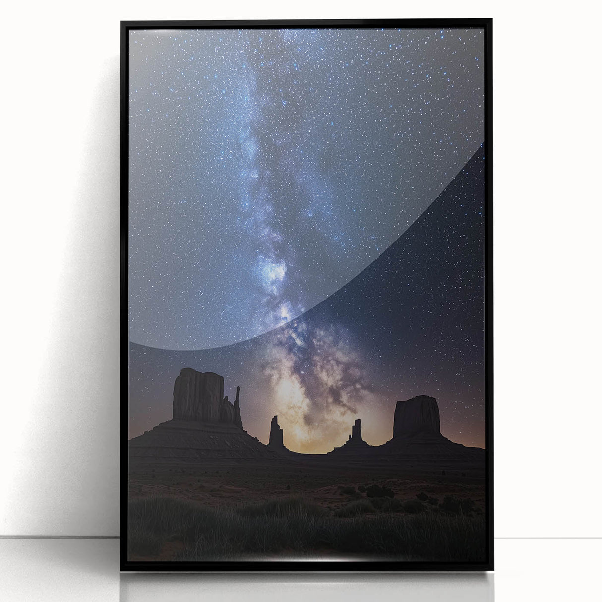 Framed acrylic artwork showcasing a stunning desert landscape with vibrant colors, featuring a sleek black frame and a modern aesthetic, perfect for home decor.