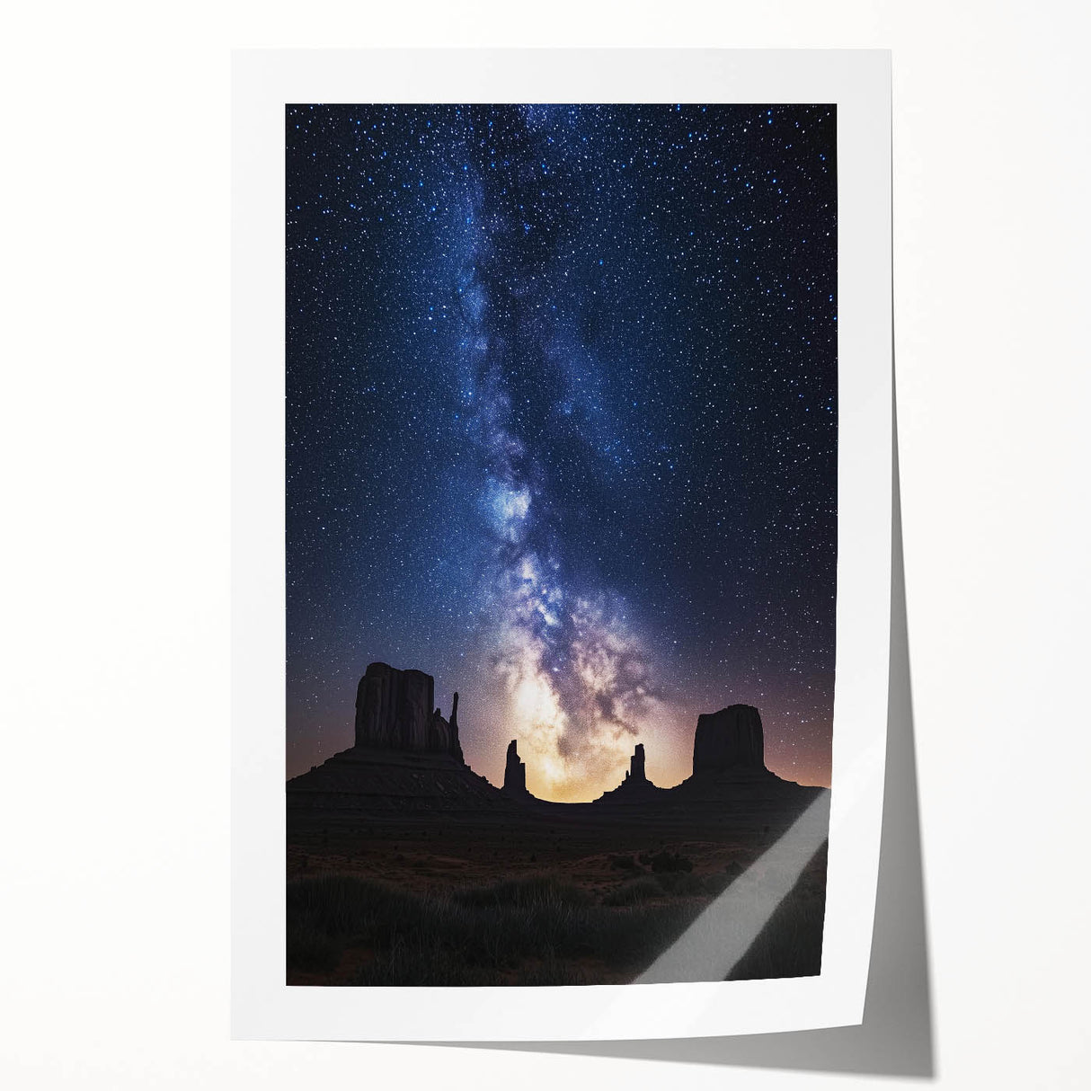 Desert landscape rolled print showcasing vibrant hues of orange and yellow with intricate details of sand dunes and a serene blue sky, packaged securely in a protective tube.