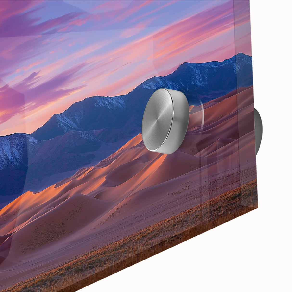 Close-up of a vibrant acrylic landscape artwork depicting rolling sand dunes, showcasing rich hues of gold and beige, perfect for modern home decor.