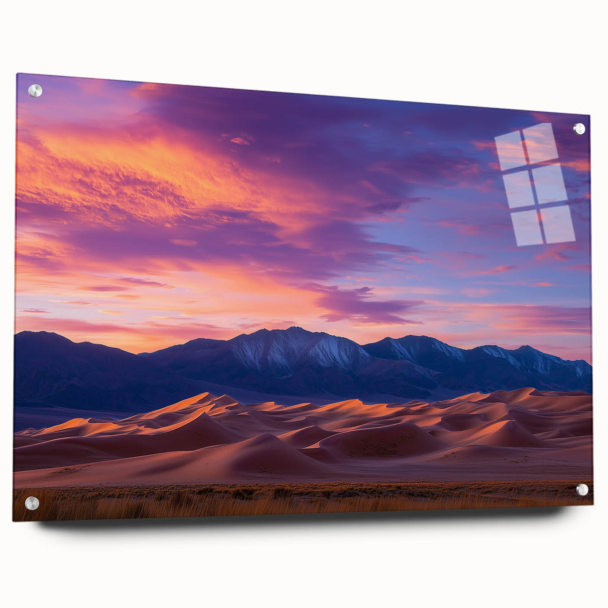 Acrylic glass artwork showcasing vibrant desert dunes in a side view, elegantly displayed with decorative pins, perfect for modern home decor.