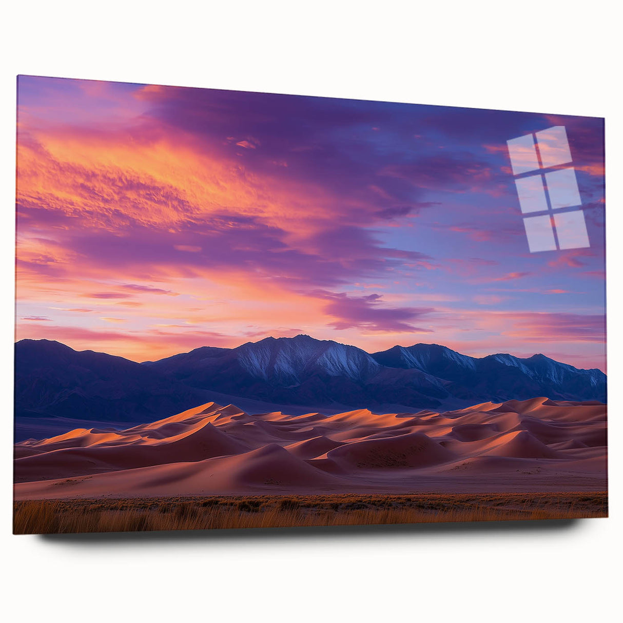 Acrylic glass artwork depicting serene sand dunes landscape, showcasing warm beige and soft blue tones, designed for modern home decor. Perfect for minimalistic interiors.