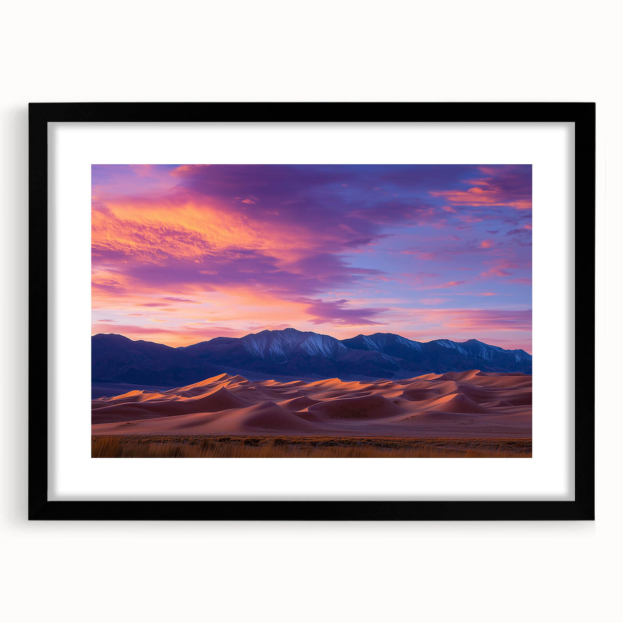 Framed landscape artwork depicting serene sand dunes, featuring a sleek black mat and frame, perfect for modern home decor. Ideal for nature lovers and art enthusiasts.