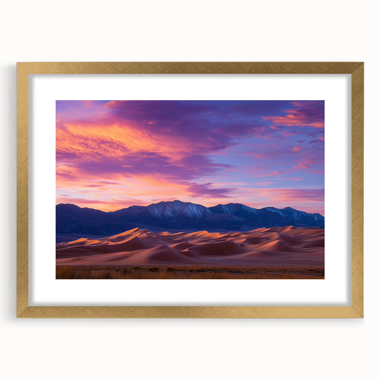 Framed landscape artwork showcasing serene dunes in golden tones, elegantly matted, perfect for enhancing modern home decor with a touch of nature's beauty.