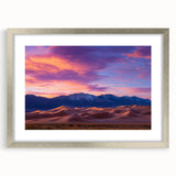 Silver-framed landscape art print showcasing serene sand dunes, elegantly matted, perfect for home decor. Ideal for modern interiors and nature enthusiasts.