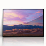 Framed acrylic wall art featuring a vibrant desert landscape with golden sand dunes, set against a clear blue sky, showcasing natural beauty and tranquility.