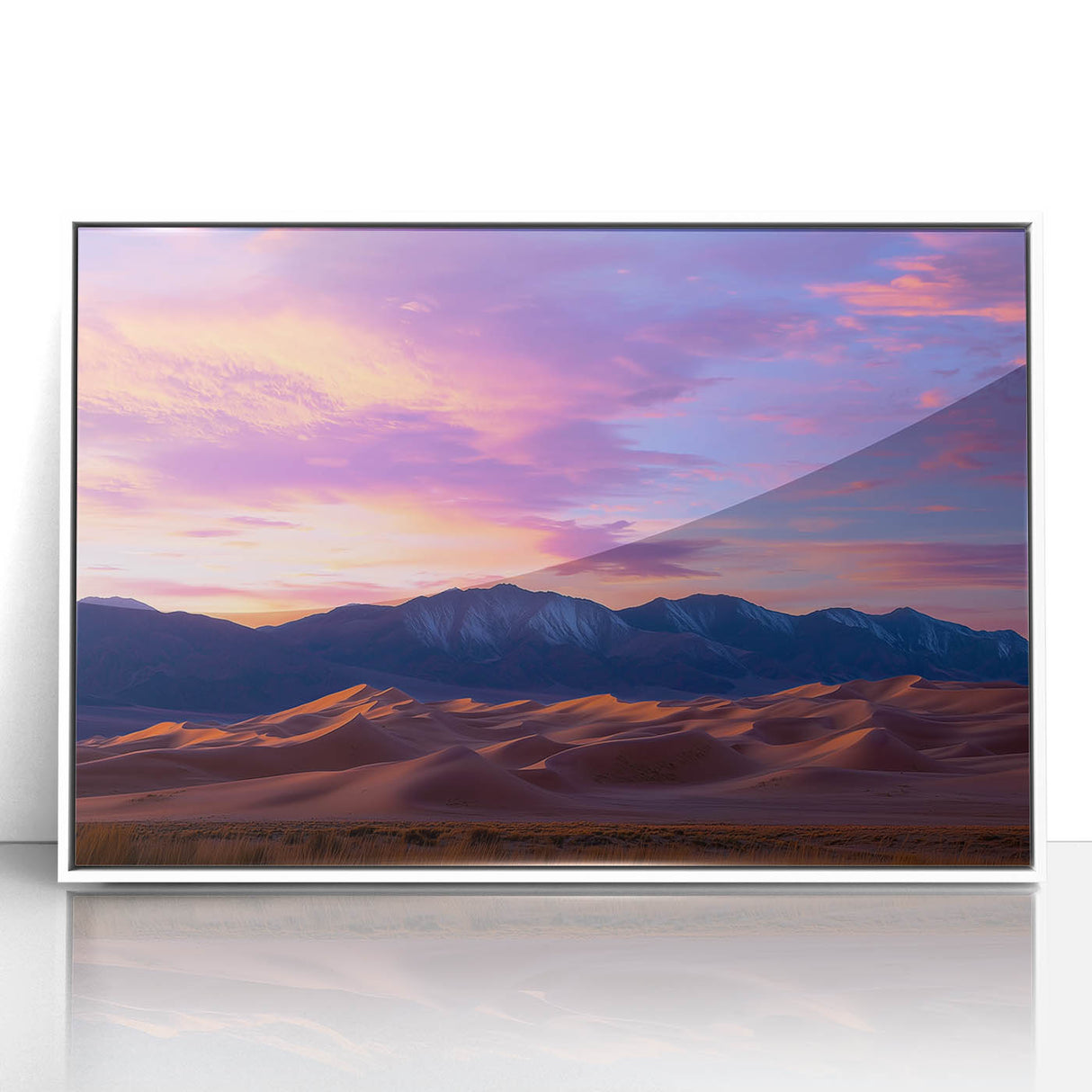 Framed acrylic artwork showcasing a serene desert landscape with golden dunes, set in a sleek white frame, perfect for modern home decor accents.