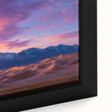 Close-up of a framed canvas artwork depicting serene sand dunes under a twilight sky, showcasing soft golden hues and intricate textures that enhance the desert landscape aesthetic.