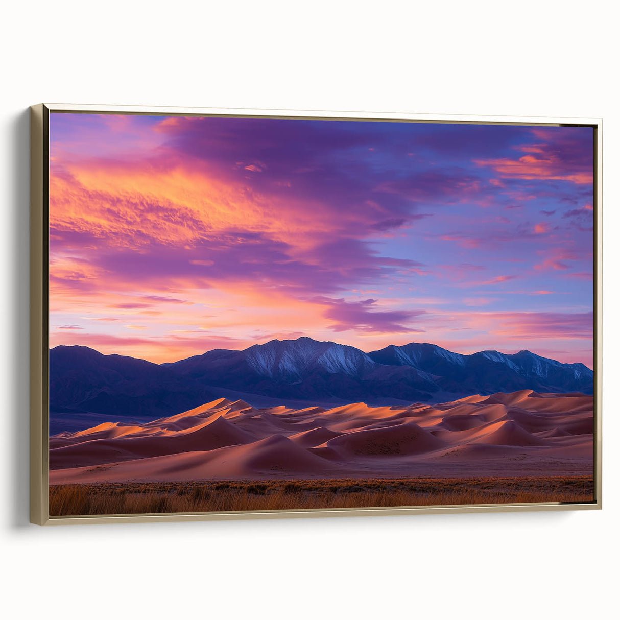 Framed canvas artwork showcasing a serene landscape of golden sand dunes, highlighted with soft shadows and warm tones, perfect for enhancing modern decor.