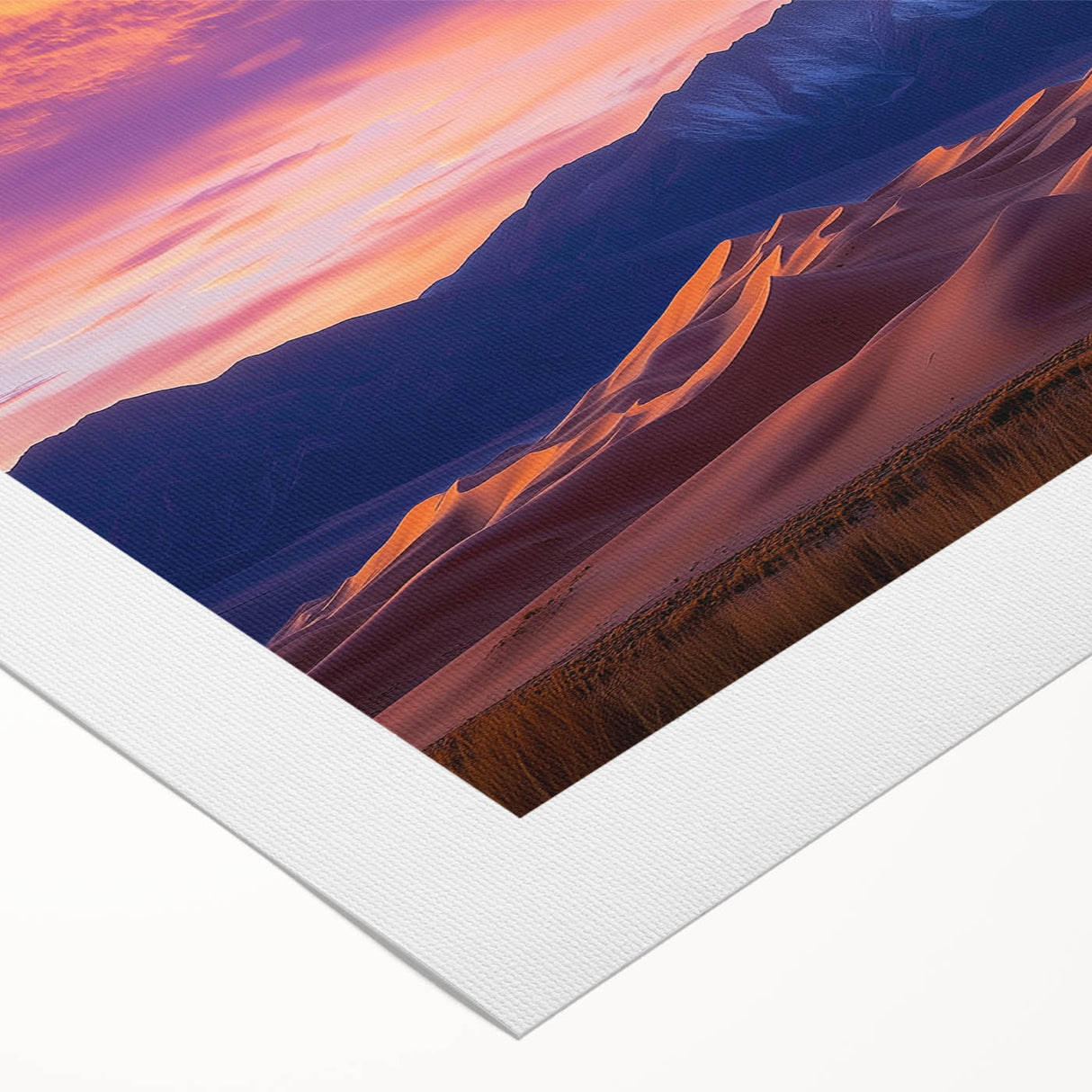 Desert landscape canvas print showcasing vibrant dunes in warm hues, elegantly rolled for display. Perfect for adding a touch of nature to home decor.