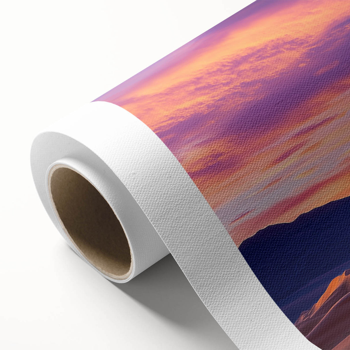 Rolled canvas artwork showcasing a serene desert landscape with golden sand dunes under a bright blue sky, designed for home décor and artistic display.