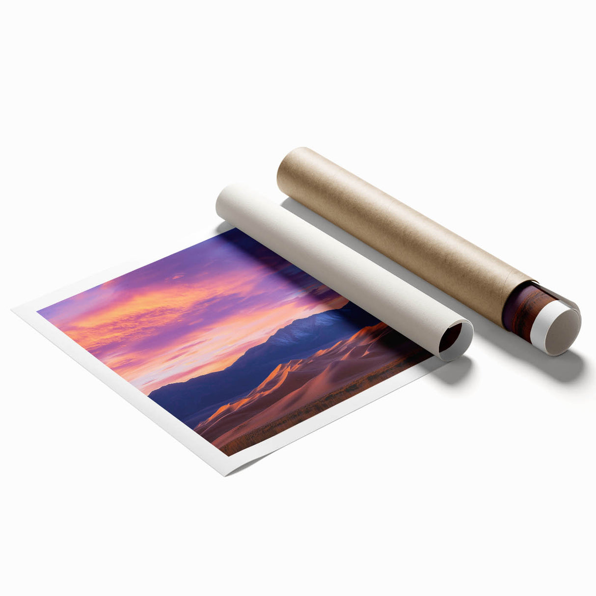 Dune landscape rolled print showcasing soft beige and golden hues, elegantly packaged in a durable tube for safe shipping, ideal for home decor.