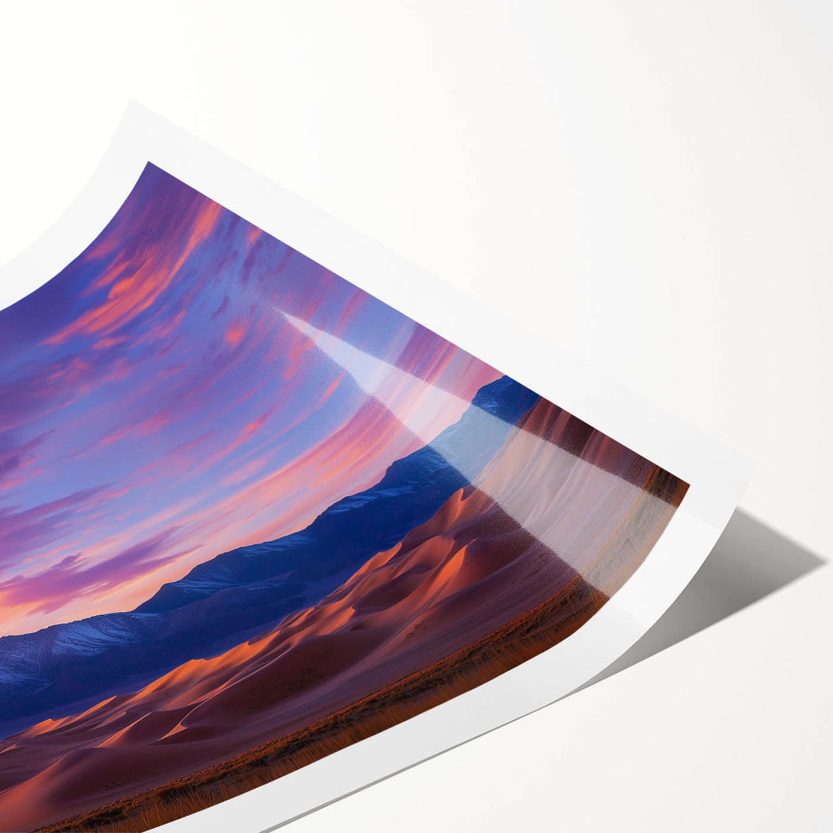 Rolled print showcasing a serene landscape of soft, golden sand dunes under a clear blue sky, perfect for enhancing home decor with natural beauty.