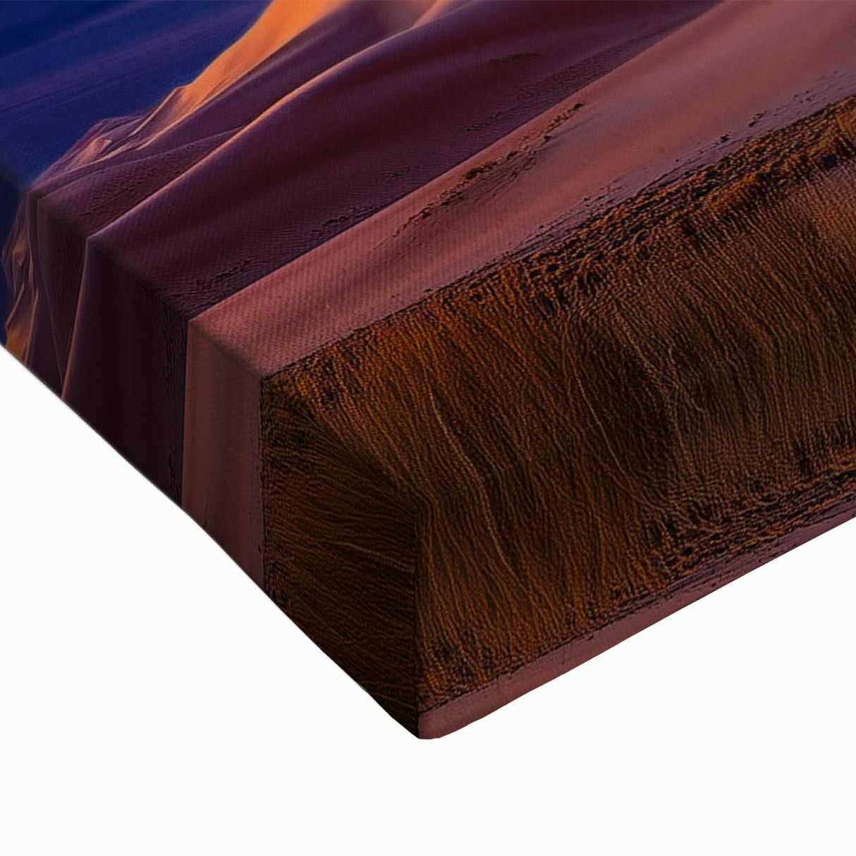 Close-up of a stretched canvas artwork depicting serene desert dunes with warm golden and beige hues, ideal for modern home decor. Perfect for enhancing living spaces with a touch of tranquility and nature.