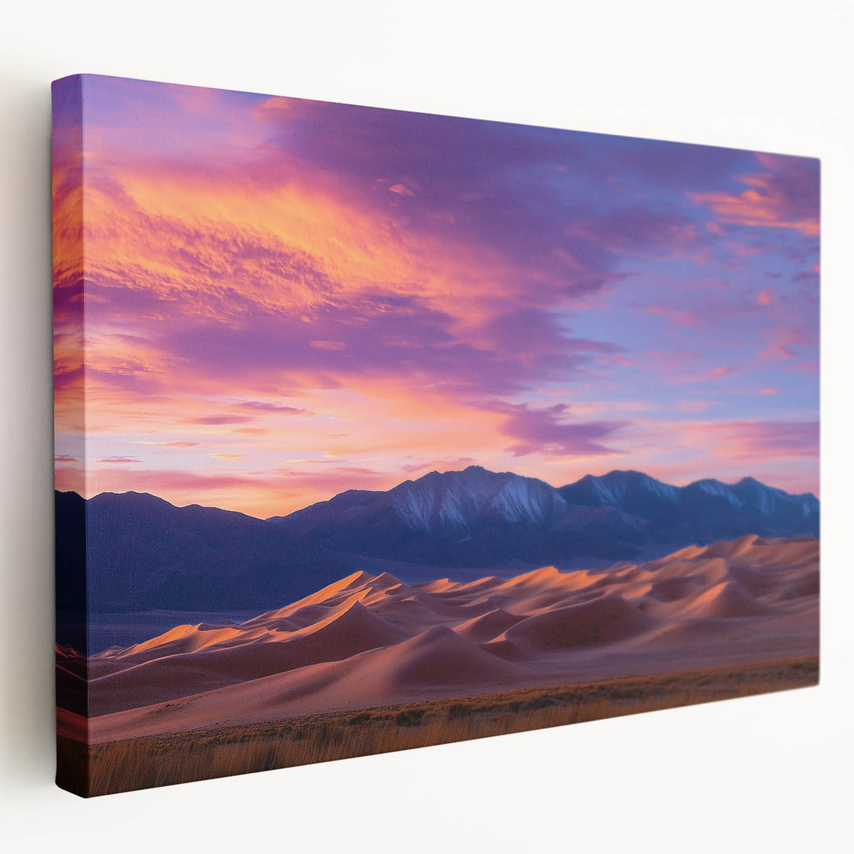 Stretched canvas artwork showcasing a serene landscape of rolling sand dunes at sunset, featuring warm hues of orange and gold, ideal for modern interior decor.