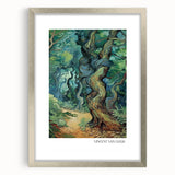 Textured art print of an abstract design in vibrant blue and yellow hues, framed in silver.