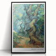 Large abstract wall art featuring swirling blue and yellow tones, framed in black acrylic.