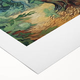 Impressionist-style painting of a starry night in blue and yellow hues on rolled canvas, suitable for dining room decor.