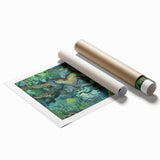 Impressionist floral painting by Van Gogh on a rolled canvas, featuring vivid blue and yellow tones.