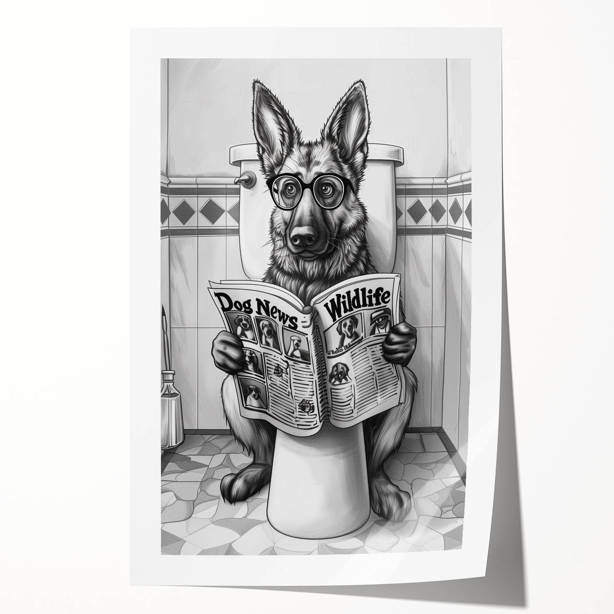 German Shepherd Bathroom Wall Art - Fun Black and White Decor
