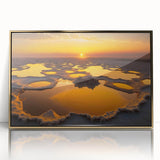 Mid-century modernist art depicting the Ethiopian landscape in gold and earth tones on a framed acrylic print.