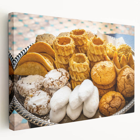 Side view of a large stretched canvas featuring a Moroccan landscape in earthy tones, ideal for kitchen wall art.