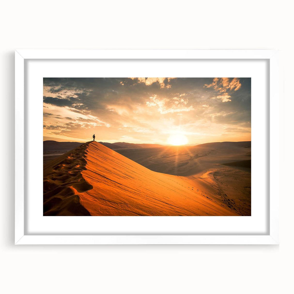 Textured art print of an abstract Namibian landscape in earthy tones on a white framed canvas, suitable for bedroom decor.