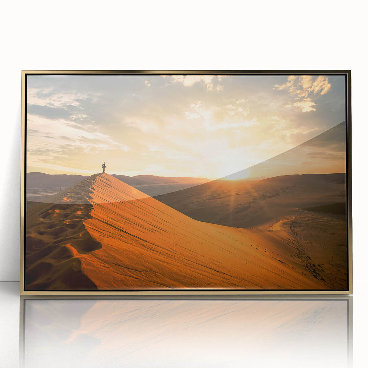 Mid-century modernist art depicting the Namibia desert in muted earth tones on a framed acrylic.
