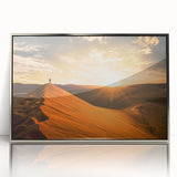 Acrylic print of a Namibian landscape in silver frame, featuring muted earth tones, ideal for modern art wall decor.