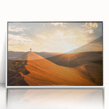 Large art print of a Namibian landscape on framed acrylic, featuring mid-century modernist style with muted earth tones.