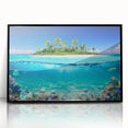 Large abstract wall art depicting the Seychelles scenery in muted earth tones on a framed acrylic.