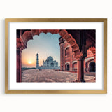 Extra large abstract art print of an Indian scenery in gold frame, with textured details, ideal for living room decor.