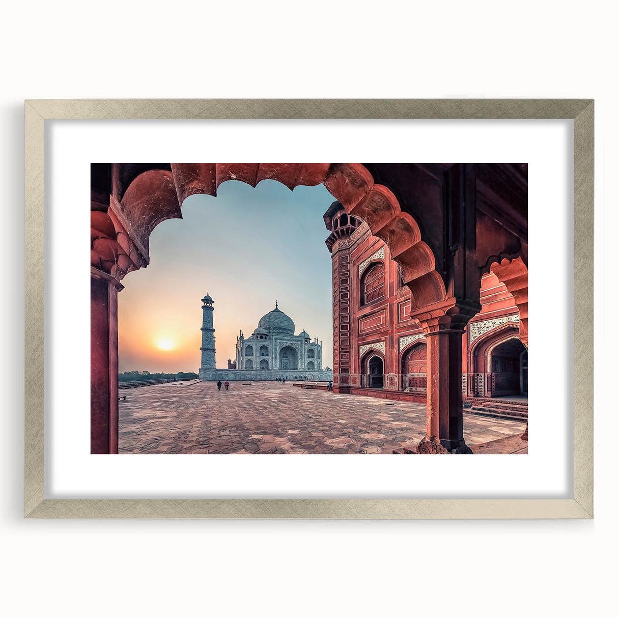 Textured art print depicting abstract scenery of India in silver frame with mat, featuring earthy tones.