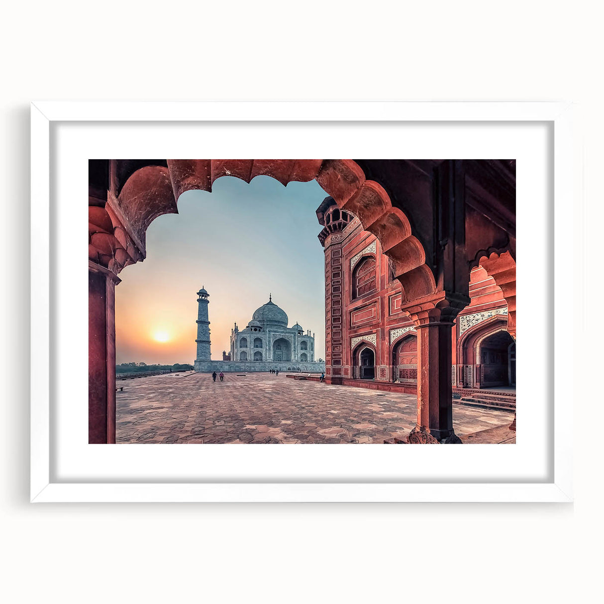 Abstract art print of an Indian landscape in earthy tones, displayed in a white frame with mat.