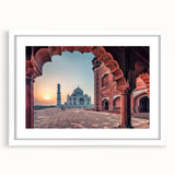 Abstract art print of an Indian landscape in earthy tones, displayed in a white frame with mat.