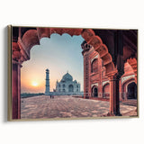 Framed canvas depicting a vintage-style Indian landscape in gold and black tones, ideal for bedroom wall decor.