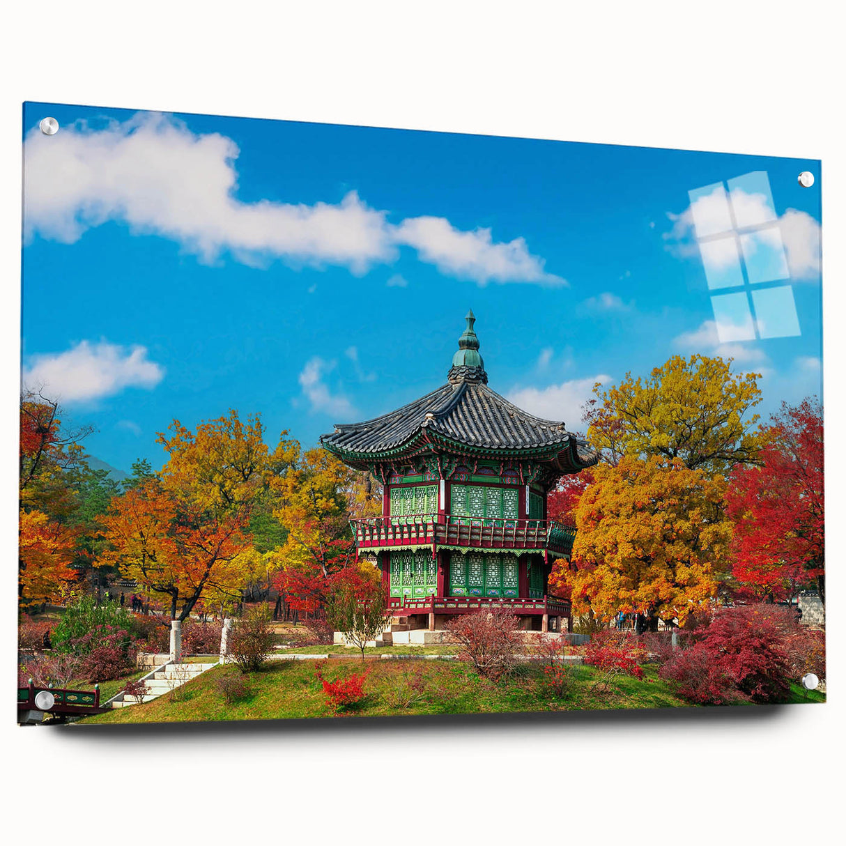 Acrylic print of a large abstract depiction of an Asian landscape in muted earth tones.