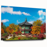 Large abstract wall art depicting Asian scenery in muted earth tones on acrylic glass.