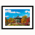 Extra large abstract art print featuring a colorful, textured depiction of a Korean landscape on a black framed canvas.