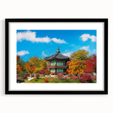 Extra large abstract art print featuring a colorful, textured depiction of a Korean landscape on a black framed canvas.