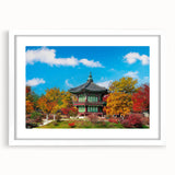 Abstract art print depicting a serene Korean landscape in muted earth tones, framed with a white mat.